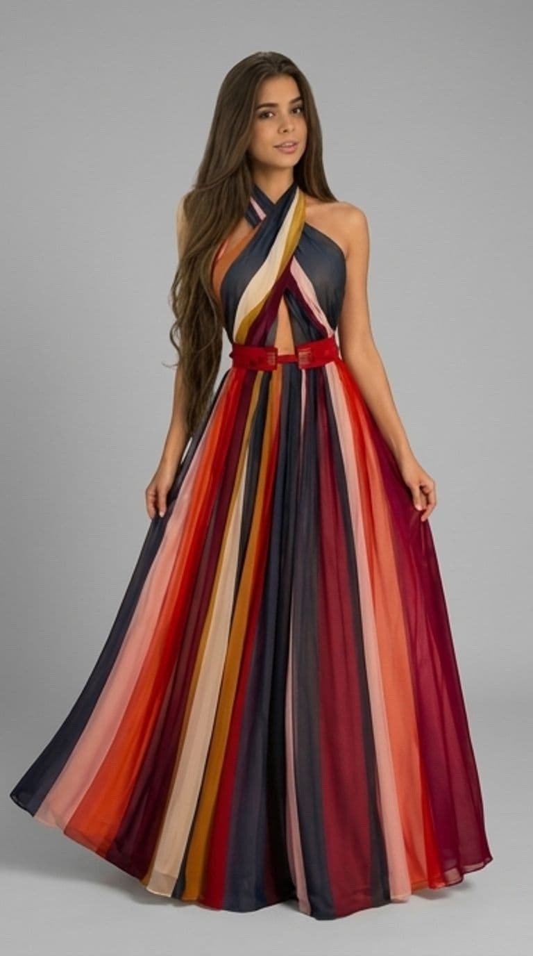 Antla output for LISSY Multicolor Halter Neck Maxi Dress, using the original selfie.