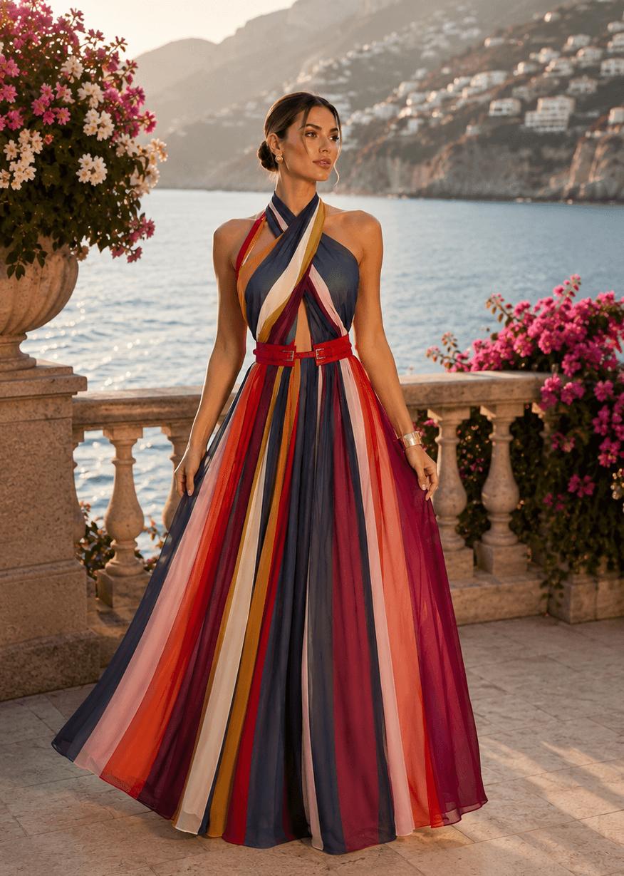 Store product reference: LISSY Multicolor Halter Neck Maxi Dress.