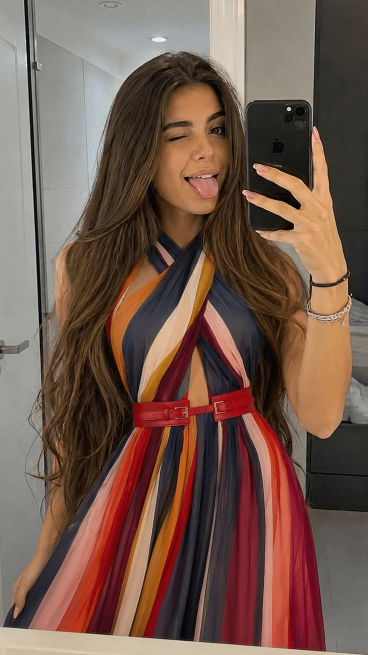 Aisthetix LISSY result retaining the mirror selfie, phone, expression and striped dress.