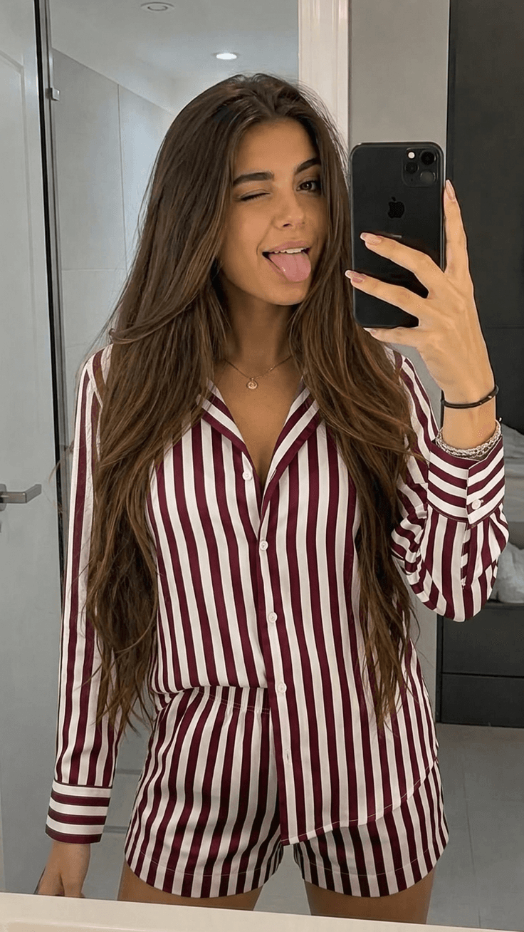 Aisthetix Unwind result retaining long sleeves, cuffs and collar on the burgundy-and-white striped shirt.