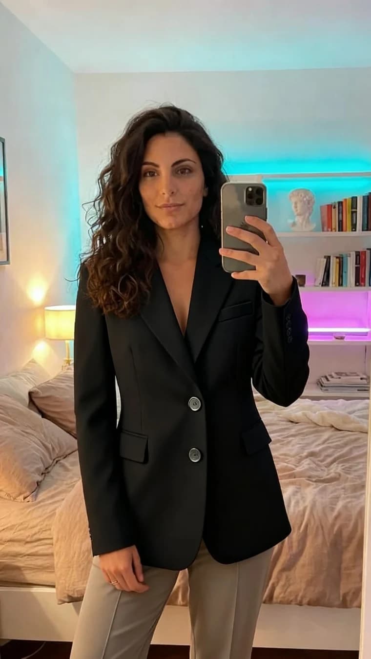 The same shopper wearing the Black Blazer via AI virtual try-on